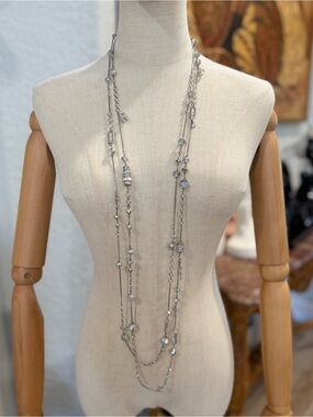 Henri Bendel Long Silver Crystal Station Layered Necklace